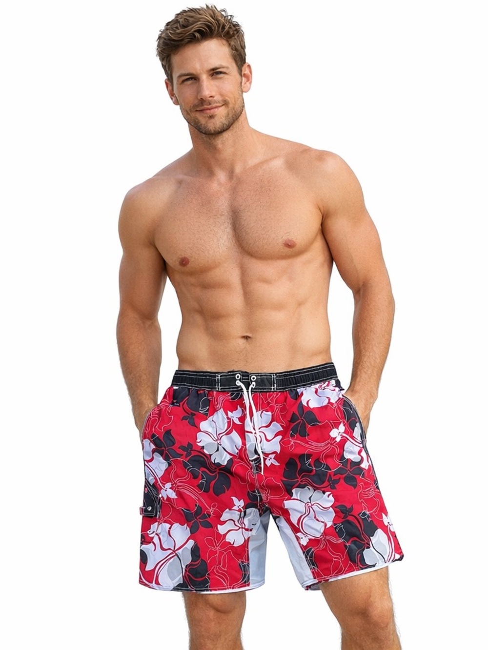 OP Men's Red/White Hawaiian Floral Board Shorts/Swim Trunks, Pocket, XL